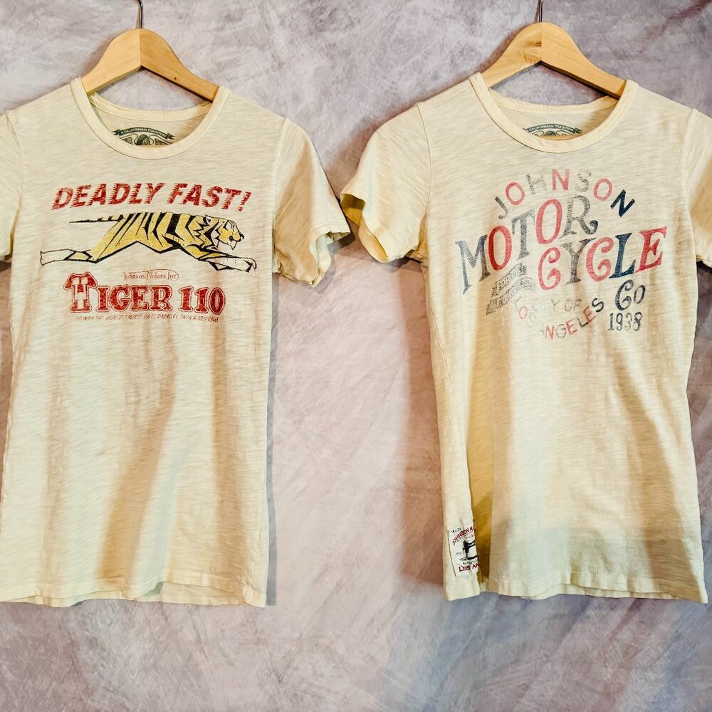 Lot of 2 Lucky Brand Johnson Motors Graphic Short Sleeve T-shirts - Size Medium